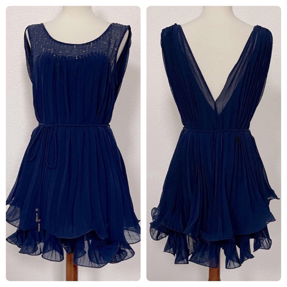 NWT Maude navy pleated embellished dress